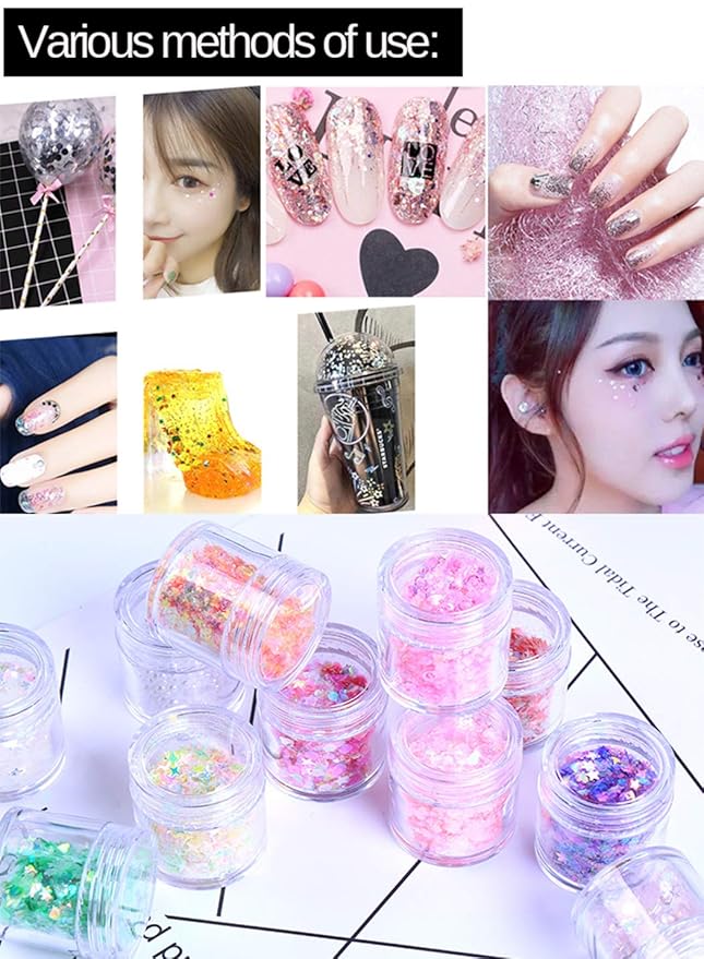 Nail Flat Diamond Sequins Stars Moon Heart Shaped Mixed Glitter Super Bright Colorful Eye Makeup High Bottle 12PCS