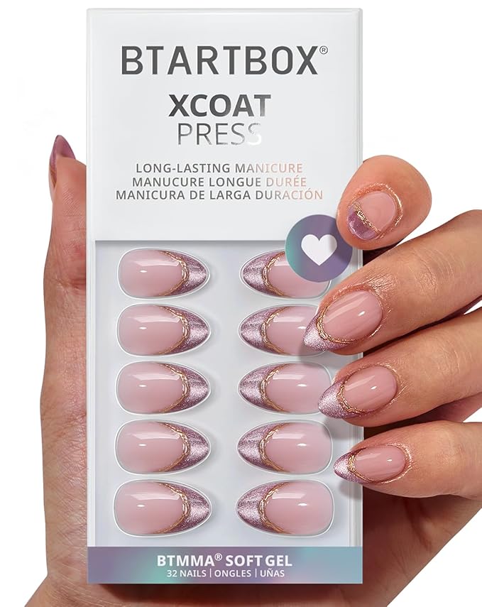 BTArtbox French Tip Press On Nails - Pink Aurora, Lamp-Curable 3D Gold Line Short Almond Press On Nails with Glue and Adhesive Tabs for Women in 16 Sizes - 32 Soft Gel Glue On Nails Kit