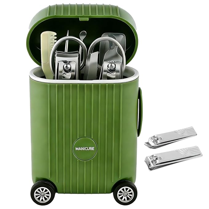 Manicure Set 8 in 1 Stainless Steel, Nail Clippers Scissors Pedicure Tools Kit - Portable Travel Grooming Kit for Men and Women with Mini travel box packaging, Rollable Wheels (GREEN)