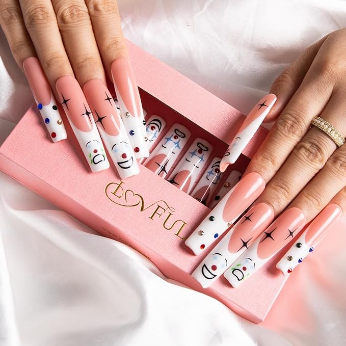LOVFUL Press on Nails Clown | Handmade with Full Covered Crystals | Reusable Fake Nails | Square | H139-M, pink