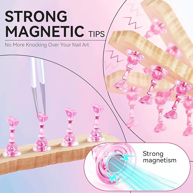 Nail Stand for Press On Art Display Practice 2 Sets, 1 Heart Acrylic Magnetic Nail Stands, Fake Nail Holder Tips, 200 PCS Double-Sided Tape, DIY Kit Home Supplies (Wood And Pink, Medium)