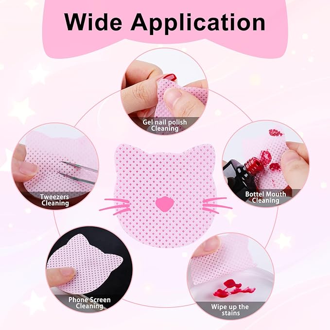 MEKK Lint Free Nail Wipes, 400PCS Pink Cat Shape Nail Polish Remover Wipes, Soft Non-Woven Fabric, Super Absorbent, Cleaning Pad Cloth for Lash Extension & Nail Polish Bottle