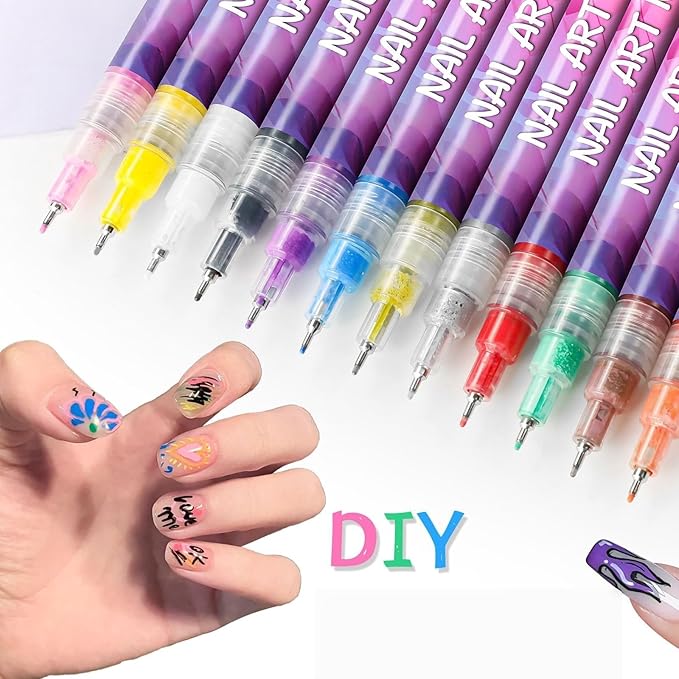 12 Colors Nail Art Pens Set, 2026 New Gel Nail Art Markers for DIY Drawing, Painting, Dotting & Lining, with 1PC Reusable Nail File & 1PC Buffer for Natural Nails, Home & Salon Manicure Kit