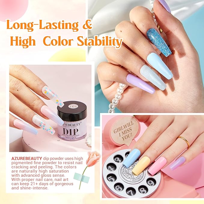 AZUREBEAUTY 31Pcs Dip Powder Nail Kit Starter 20 Colors Pastel Spring Summer Pink Acrylic Dipping Powder Set with Top/Base Coat Activator & Recycling Tray for Macaron French Manicure Salon