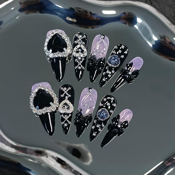 Glam Punk Press on Nails Stiletto Almond Long,3D Heart Rhinestones&Metal Chains Designs,Black Glitter Purple Chrome Nails with Full Cover Micro Gems,Y2K Edgy Girly Streetwear Nails,10pcs S
