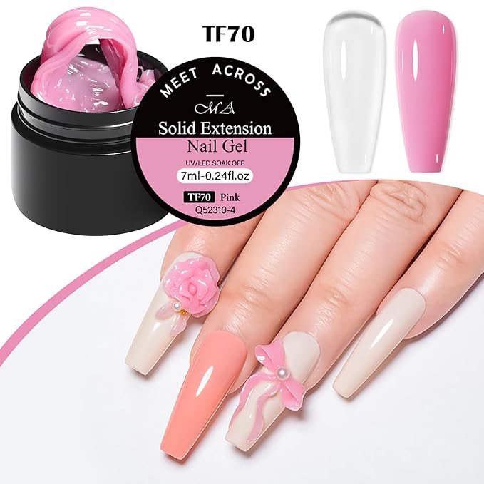 MEET ACROSS All-in-One Extension Mini Kit 2×7ml Non-Sticky Builder Gel Starter Kit WIth Base & Top Coat/Dual-Silicone Pen/Pro File/20-Pc Reusable Dual Forms Salon-Grade Extensions (Clear+Pink)