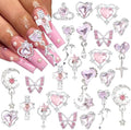 3D Nail Charms,24Pcs Love Heart Butterfly Moon Cross Nail Rhinestone Charms,Metal Alloy Dangle Nail Art Decorations for Manicure Design Accessories DIY Crafts (Silver Pink)