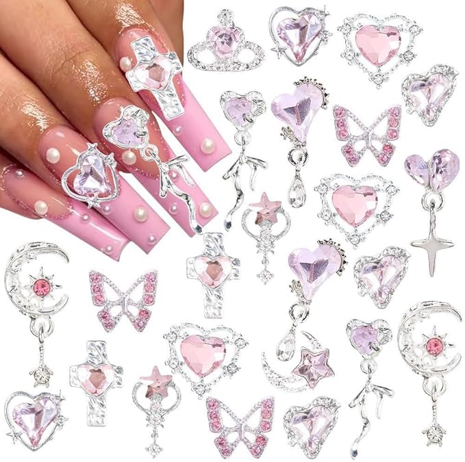 3D Nail Charms,24Pcs Love Heart Butterfly Moon Cross Nail Rhinestone Charms,Metal Alloy Dangle Nail Art Decorations for Manicure Design Accessories DIY Crafts (Silver Pink)