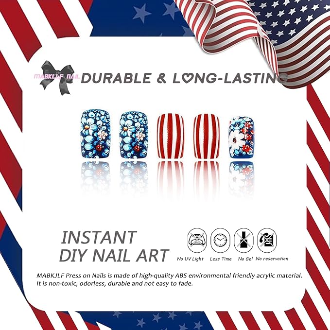 4th of July Press On Nails Medium Square 24 Pcs Acrylic Nails with Floral Red White Stripes Designs Glossy Glue on Nails for Women Girls
