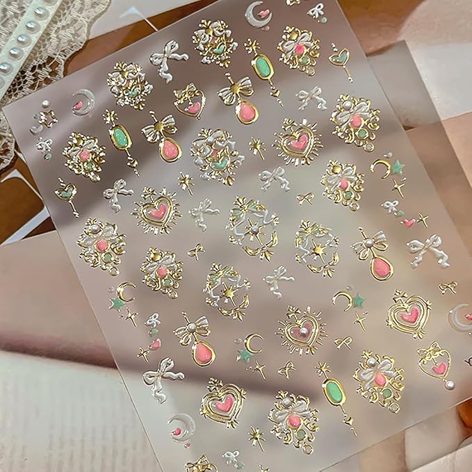 5D Embossed Gemstone Nail Stickers Self-Adhesive Valentines Nail Art Stickers Gold Heart Bow Moon Gems Designs Shiny Luxury Nails Art Supplies Cute Nail Decals for Women Manicure Decorations DIY