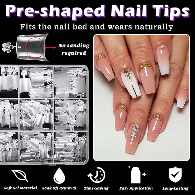 LoveOurHome 360pc French Coffin Nail Tips Clear Fake Nails Medium Coffin Gel Nail Tips Half Cover Acrylic Nails Clear Medium False Nail 15 Sizes Fingernail for Gel Nail Extension