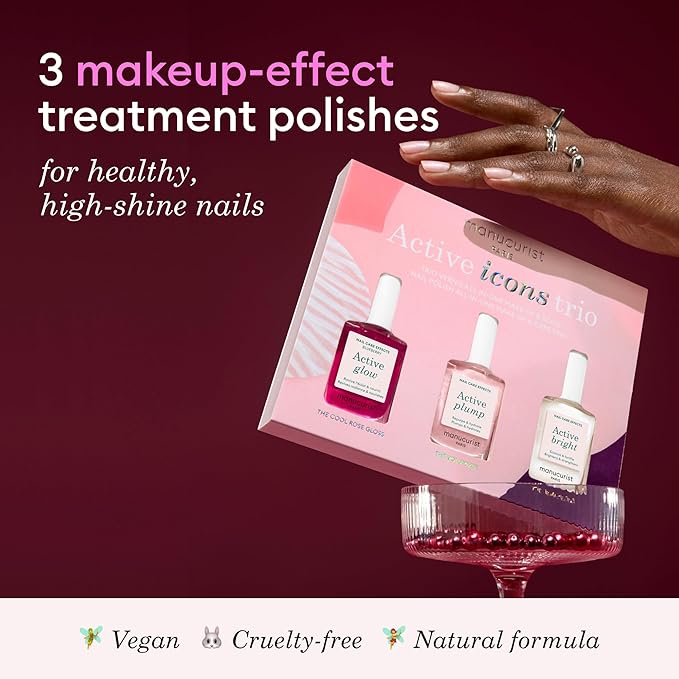 Manucurist Active Icons Trio Set - Active Glow Blueberry, Active Shine, Active Plump Nail Polishes - Nail Strengthener - Brightening Treatment Polish & Care - Gift Box