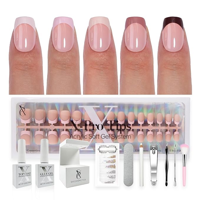 SXC Cosmetics French Tip Press On Nails - Skin Tone Nude and Color Series, XS Square X-Pro Tips Starter Kit ST113KIT