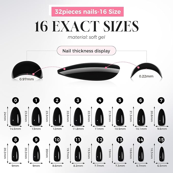 UNA GELLA 32Pcs Soft Gel Press on Nails - 16 Sizes Medium Almond Black Glue on Nails, Reusable Glossy Solid Black False Nails, Full Cover Acrylic Nail Kit for Women DIY Home Manicure