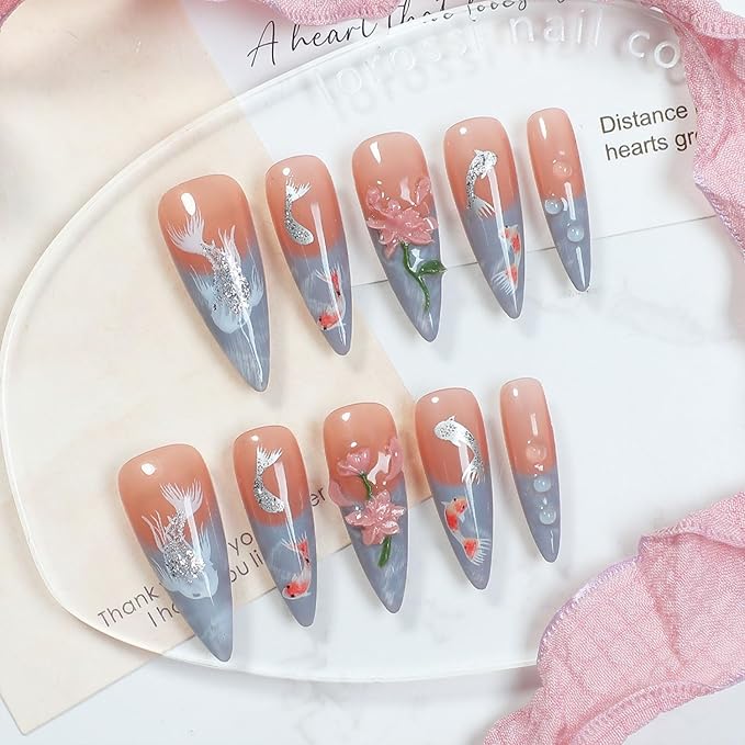 Long Almond Press on Nails Thick Handmade Nails with Glue,5D Lotus Flower Art Nude Pink False Nails Luxury Flash Koi Designs Press ons Muti-Layer Gel Handmade Nail for Women (Size S)