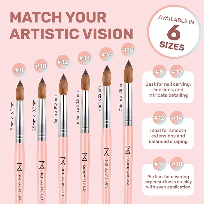 M – Majesti Pink 100% Kolinsky Acrylic Nail Brush | Professional Acrylic Sculpting & Application Brush | Handcrafted Premium Nail Art Tool for Nail Technicians (#10)