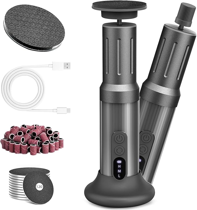 JINYAWA Electric Foot Callus Remover - 2-in-1 Rechargeable Cordless Foot File with LCD Display & 6 Speeds - Professional Foot Sander for Dead Skin, Thick Nails, Heels and Soles (Gray)