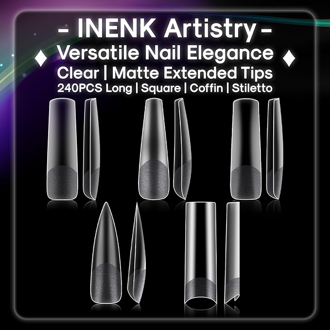 Flattened No C Curve, XXL Square Nail Tips, Half Matte Clear Half Cover Tapered Square Straight Flat Tips for Acrylic Nails Salons Home DIY Extensions(12 Sizes 240PCS)