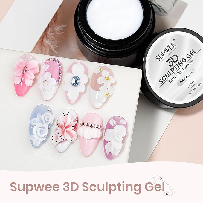 3D Sculpting Gel for Nail Art, White Non-Sticky Solid Molding Nails for Carving Molding with Silicone Pen Designs DIY Manicure at Home
