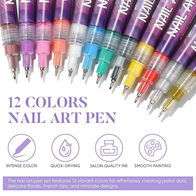 AIMEILI 12 Colors Nail Art Pens Set, 0.5mm Fine Tip Acrylic Paint Pens for Salon & Home DIY Nail Design, Dotting Drawing Liner Brush for Manicure, Nail Polish Art Decoration Kit 2