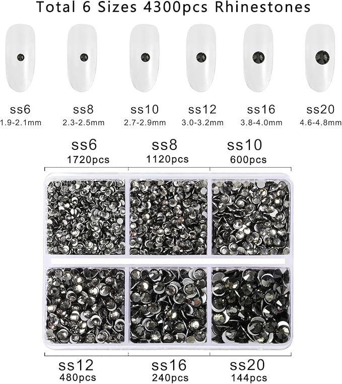 Beadsland 4300pcs Flatback Rhinestones,Gray Rhinestone Nail Gems Round Crystal Rhinestones for Crafts,Mixed 6 Sizes with Picking Tweezers and Wax Pencil Kit, SS6-SS20,Black Diamond