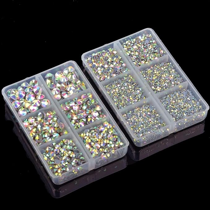 10000Pcs 2-Boxes Mixed Size Hot Fix Round Crystals Gems Glass Stones Hotfix Flat Back Rhinestones with Tweezers and Picking Pencil (Crystal AB)