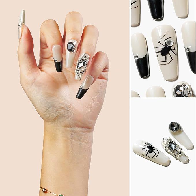 Sun&Beam Nails Handmade Press-on Long Coffin Ballerina Beige Black Halloween Spider Design False Nail Tips 10 Pcs (#133 XS)