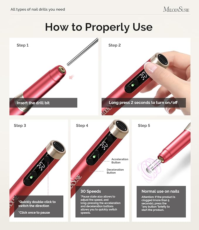 MelodySusie Pen-Shaped Ultra-Slim Cordless Nail Drill, PM170F 30000RPM Portable Rechargeable Electric File with LED Display for All Manicure, Nail Care, Shaping & Gel Removal for Advanced Home Use