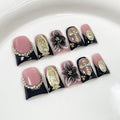 Duck Handmade Press on Nails Muti-Layer Gel False Nail Gradient Flower Fake Nails with 3D Rhinestone Design Luxury Artificial Acrylic Nails Full Cover Short Stick on Nail for Women (Size S)