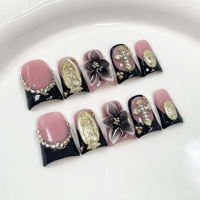 Duck Handmade Press on Nails Muti-Layer Gel False Nail Gradient Flower Fake Nails with 3D Rhinestone Design Luxury Artificial Acrylic Nails Full Cover Short Stick on Nail for Women (Size M)