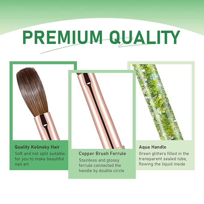 Acrylic Nail Brush Size #12, KEMEISI 100% Pure Kolinsky Nail Art Brushes Sturdy Handle Oval Shaped Acrylic Powder Nail Design Tools for Professional Manicure DIY Home Salon (Green)
