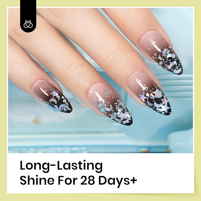 beetles 2 In 1 Silver Glitter Top Coat, 15 ML No wipe Stars Moon Halo Top Coat Soak Off UV Uv Led Gel Nail Polish Long Lasting Highly Shine Manicure Art Decoration Supplies