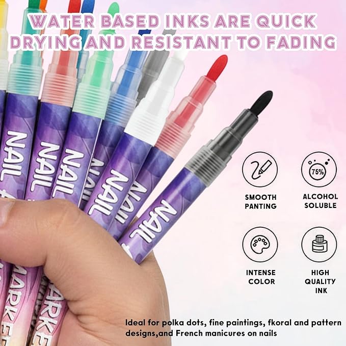 12 Colors Nail Art Pens Set & Women Make up Bag，1mm Acrylic Nail Art Polish Pen Point Graffiti Dotting Drawing Painting Liner Brush for Art Design DIY Manicure Tools Cosmetic Bag with Zipper