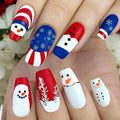 Independence Day Press on Nails Medium Coffin Fake Nails with Snowman Design Snowflake 4th of July Nails Red Blue Striped Glue on Nail Glossy Summer Christmas False Nail for Women Manicure 24Pcs