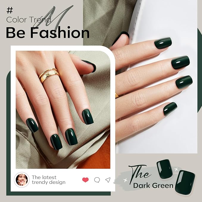 Modelones Dark Green Press on Nails, Short Square Fake Nails, Reusable Nail Kit with Nail Glue Adhesive Tabs Mini Nail File, Nails Press Ons 32Pcs 16Sizes, Women Girl Gift
