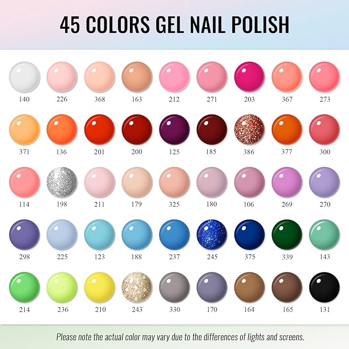 phoenixy Gel Nail Polish Kit with U V Light, 45 Colors All Seasons Soak Off 64 Pcs Gel Polish Nail Set with Base & Matte/Glossy/Glitter Top Coat Manicure Tools Complete Gel Nail Kit Gift for Women