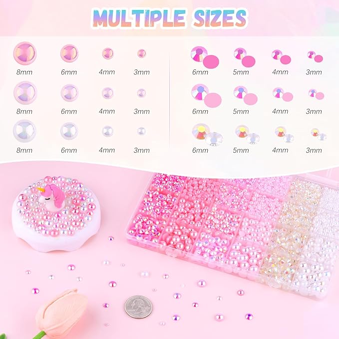 14000Pcs Flatback Pearls and Rhinestones for Crafting, Pink White Mixed Size 3-8mm Resin Rhinestones and Half Pearls for Bedazzling, Nail Art and Decoration with 3pcs B7000 Jewelry Glue