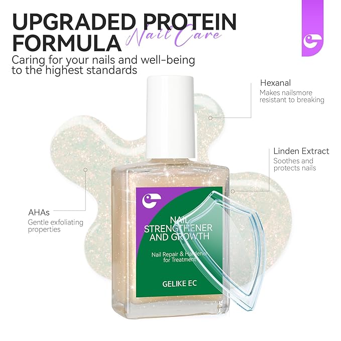 Nail Polish Strengthener and Growth Treatment: Glittering Gelike EC 6 in 1 Natural Nail Hardener Extra Strong and Growth - Long Lasting Nail Repair for Damaged Nails - For Daily Work Home Salon