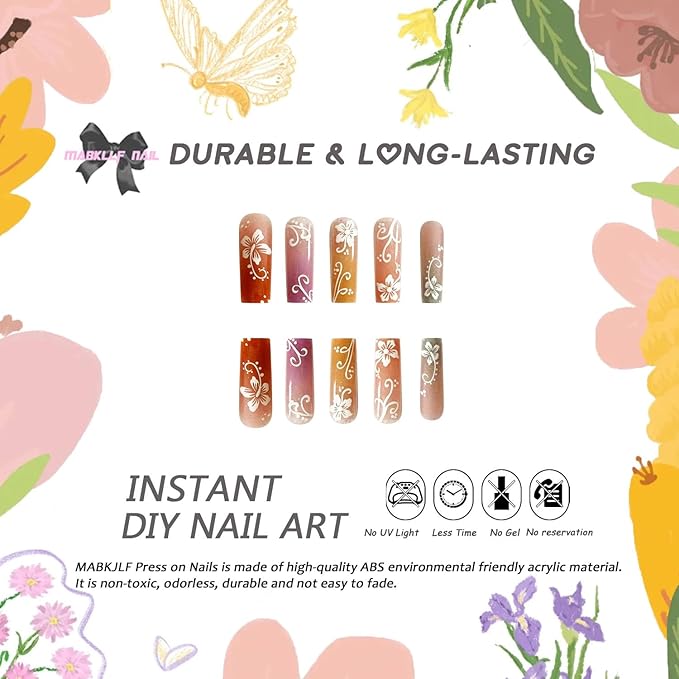 Press on Nails Long Square MABKJLF Summer Fake Nails Rainbow Full Cover False Nails with White Flower Designs Glossy Stick on Nails Artificial Acrylic Nails for Women Girls 24 Pcs