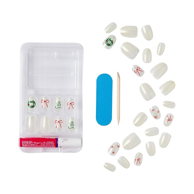 KISS Voguish Fantasy Holiday Press On Nails, ‘Sugar & Spice’, White, Short Oval, No Damage To Natural Nails, Pink Gel Nail Glue (2g), Mini Nail File, Manicure Stick, & 28 Fake Nails