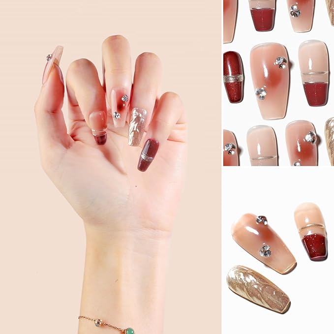 Sun&Beam Nails Handmade Press-on Medium Long Coffin Ballerina Red Nude Gold Gradation Design False Nail Tips 10 Pcs (#043 L)