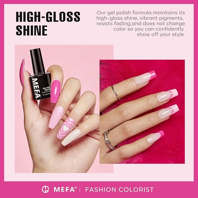 MEFA Pink Gel Nail Polish Set 6 Colors, Hot Pink Shades Spring Neon Light Bright Magenta Electric Tones Craze Nail Art Design Salon at Home DIY Manicure Kit Valentines Gifts for Women
