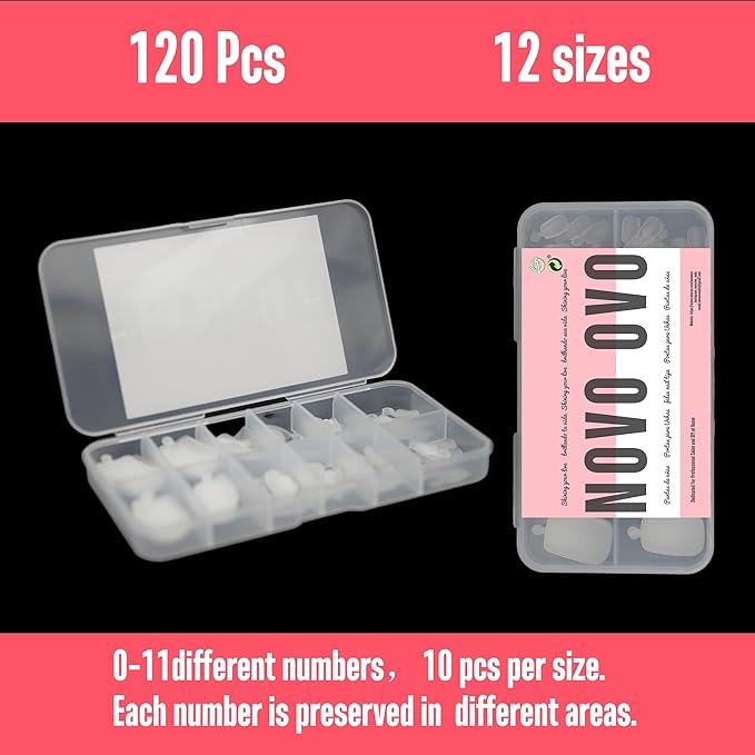 NOVO OVO 120 pcs Long Toe Nail Tips Press on, Curved Full Cover Longtoes Claw, Clear Double Matte Pre-filed Nail Extension for Pedicure Acrylic, Tapered Square Soft Gel Toenails x 12 Sizes