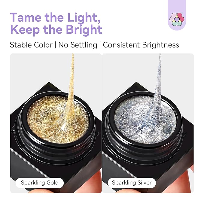 SAVILAND Gold & Silver Spider Gel for Nails: 2 PCS Glitter Spider Gels for Nail Art No-Wipe Unbreakable Gel Liner Nail Polish for Drawing Line Sparkling Effect Beginner Home DIY Salon Use