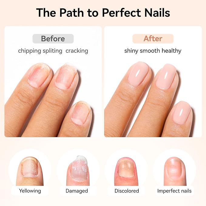 4-in-1 Illuminating Nail Concealer Base Coat Foundation Ridge Filler Sheer Brightening Nail Polish Growth & Strengthener for Damaged, Yellowing, or Discolored Nails, 15-free, Air Dry