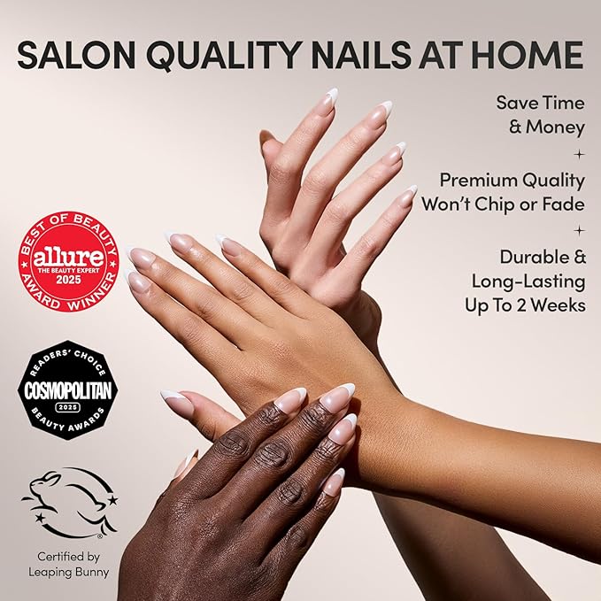 Glamnetic Press On Nails - Mrs. | Short Almond Fake Nails with French Tips and Glossy, Glazed Finish, Salon Quality | 15 Sizes - 30 Nail Kit with Glue
