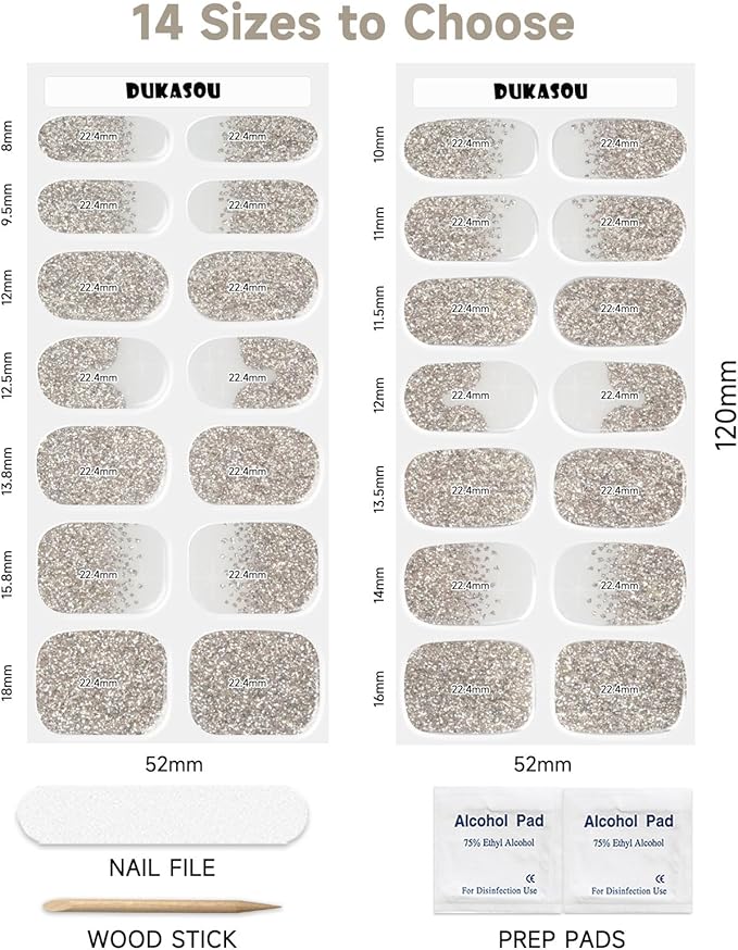 Semi Cured Gel Nail Strips,28 pcs Sparkling Gold Gel Nail Stickers with UV Light Required,Long Lasting Nail Art Stickers, Easy to Apply（French Gold）
