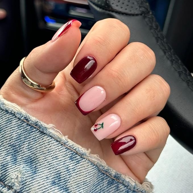 Square Press on Nails Short Fake Nails with Designs Cherry Stick on Nail Retro Red Acrylic False Nail Glossy Artificial Nail Full Cover Glue on Nails for Women 24Pcs