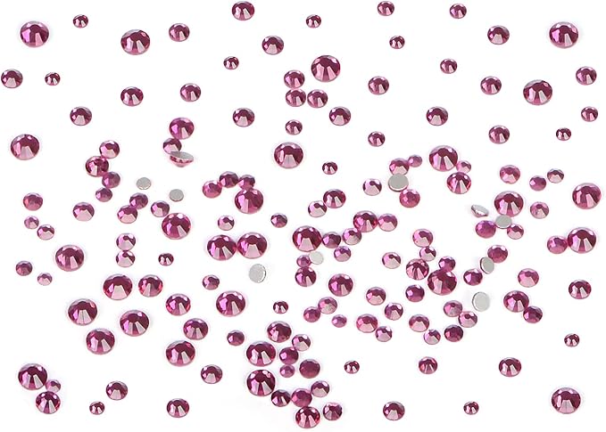 Bymitel 7200 Pieces 6 Mixed Sizes Glue Fix on Glass Rhinestones Round Crystal Gems Flatback for DIY Jewelry Making with one Picking Pen(6-Sizes 7200PCS, Fuchsia)