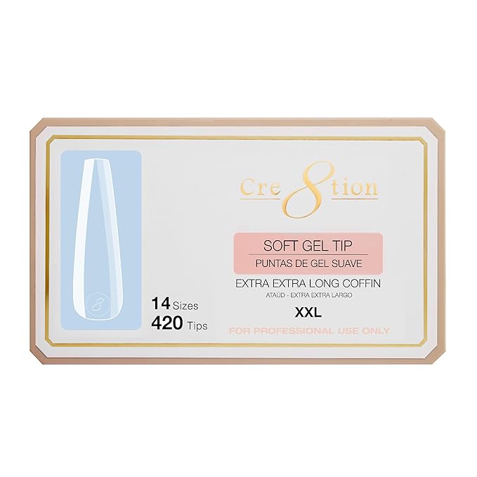 Cre8tion Soft Gel Nail Tips, Extra Extra Long Coffin Shape, 602 Tips in 14 Sizes (00-9) for Professional Nail Extensions